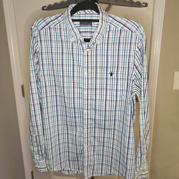 Simply Southern Men's Medium Button Up Long-sleeved Blue Plaid Shirt - Picture 1 of 6